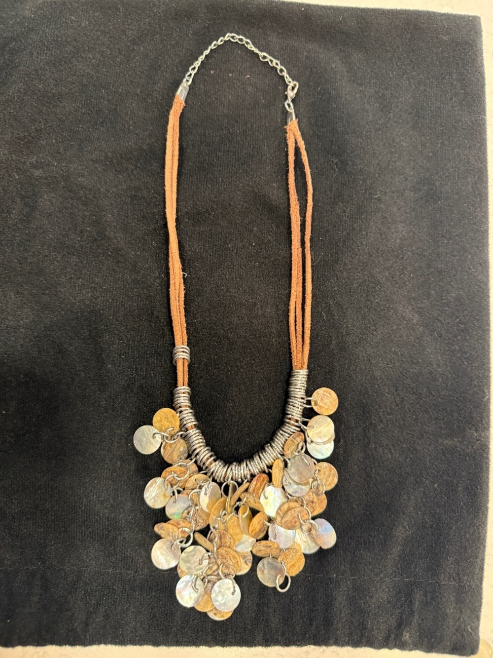 Leather, abalone and metal necklace